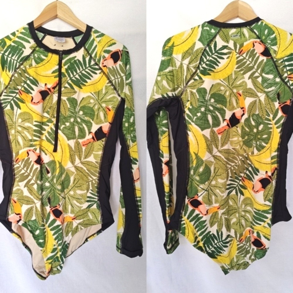 Duluth One Piece Suit Up Swim Built in Bra Long Sleeve Tropical Tucan 16 Yellow